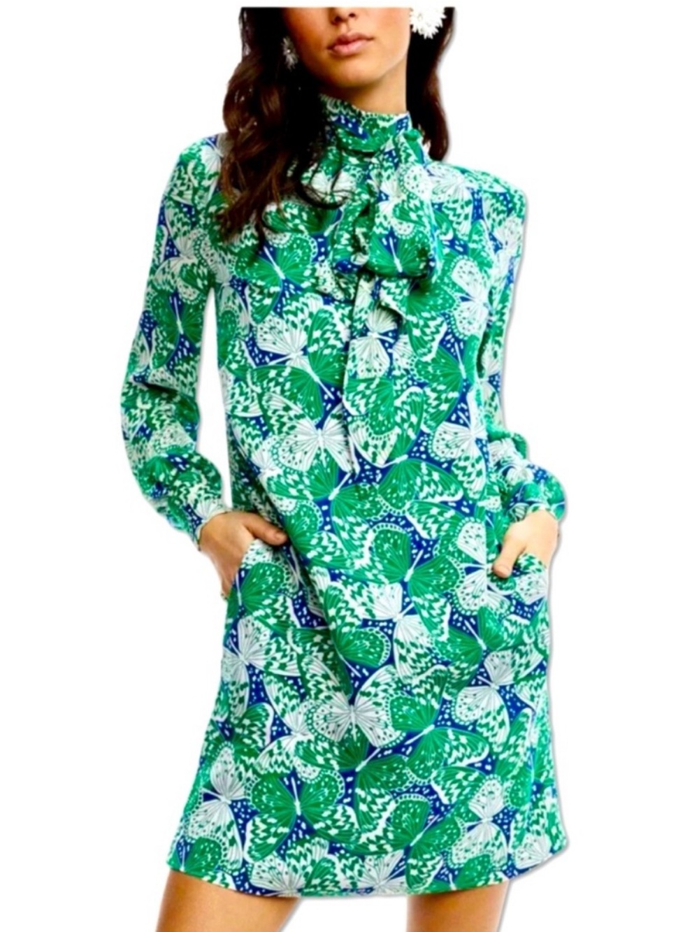 NWT Brooks Brothers Silk Georgette Butterfly Print Bow Long Sleeve Dress Size 10